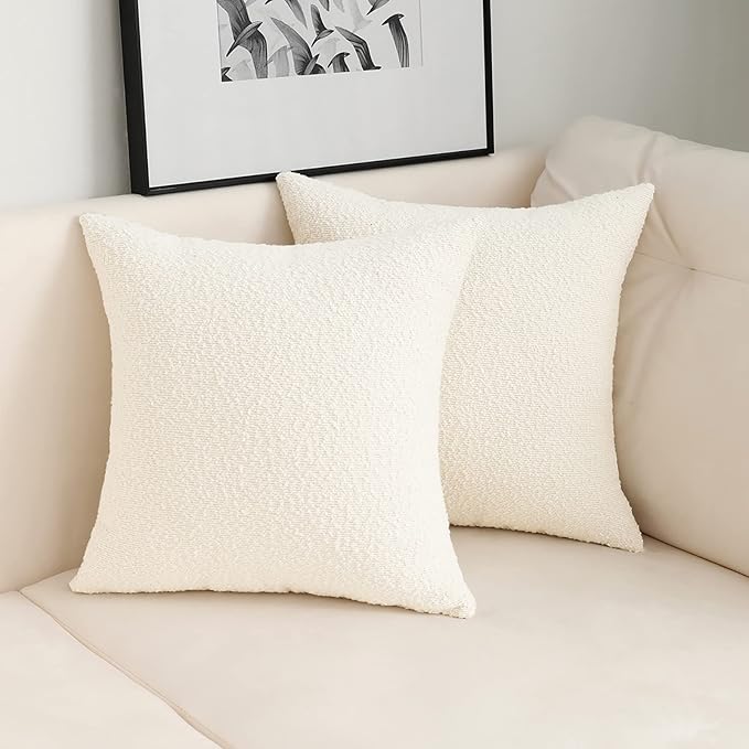 Jeneoo Ivory Decorative Square Thick Throw Pillow Covers Fine Textured Boucle Couch Cushion Cases for Home Livingroom Sofa Decor, Set of 2, 18 x 18 Inch