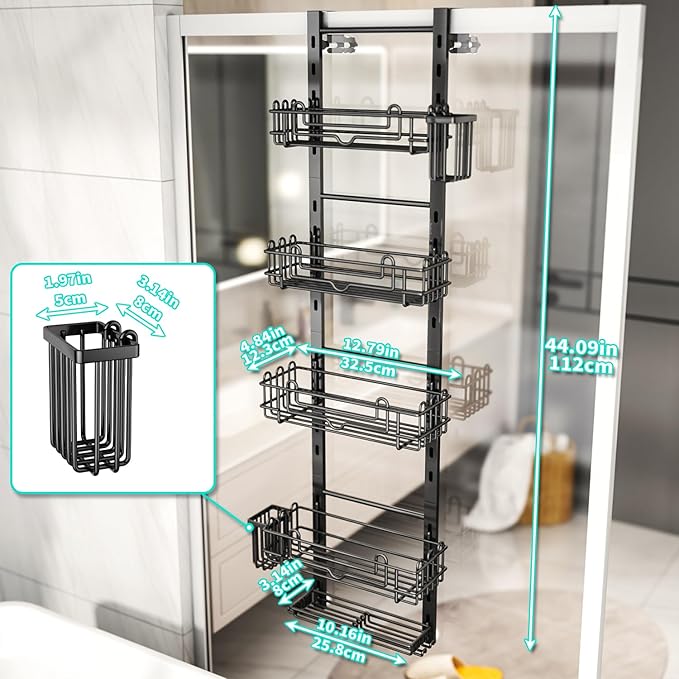HapiRm 5 Tier Over the Door Shower Caddy, Hanging Shower Caddy with 28 Hooks and 2 Toothbrush Holders, No Drilling Adjustable Hanging Bathroom Organizer - Black