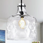 Extra Large 16" Vintage Farmhouse Pendant Light – Hand-Blown Clear Hammered Glass Shade, Adjustable Chain, Hanging Light for Kitchen Island, Dining Room, Hallway, Black Finish