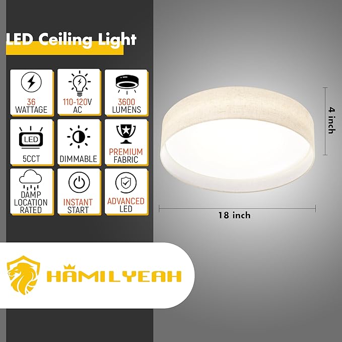 Hamilyeah 18 inch LED Ceiling Light Flush Mount Light Fixture 36W, Modern Kitchen Lighting Fixture Ceiling Mount with Fabric Shade, Dimmable Ceiling Lighting Fixture 5CCT for Bedroom, Bathroom
