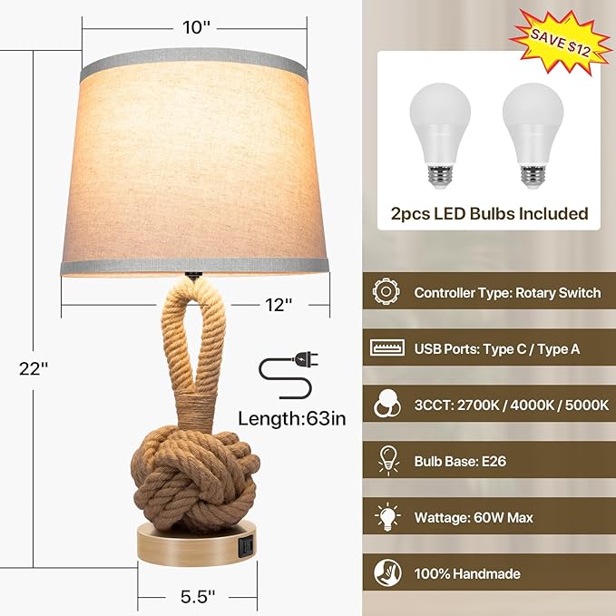 22" Rope Lamps for Night Stands, Bedside Lamps Set of 2, 3-Color Temperatures Boho Lamp with Rotary Switch, Table Lamps for Living Room Bedroom, Rattan Lamp with USB Ports, Bulbs Included
