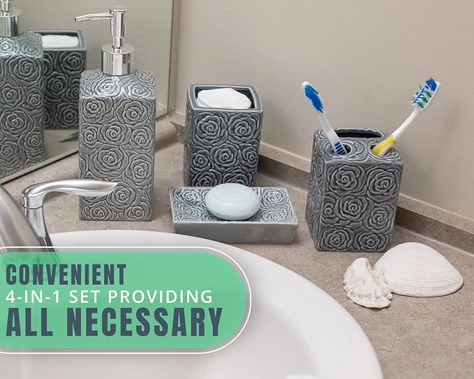 Comfify Designer 4 Piece Bathroom Accessory Set – Ceramic Bath Set w/Liquid Soap or Lotion Dispenser, Toothbrush Holder, Tumbler and Soap Dish – Decorative Set w/Embossed Details – Dark Grey