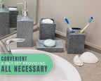 Comfify Designer 4 Piece Bathroom Accessory Set – Ceramic Bath Set w/Liquid Soap or Lotion Dispenser, Toothbrush Holder, Tumbler and Soap Dish – Decorative Set w/Embossed Details – Dark Grey