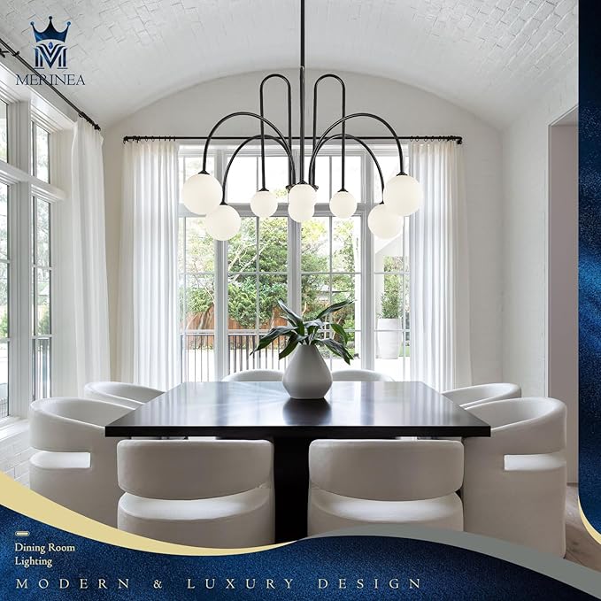 Modern Sputnik Chandelier 8 Lights Large Luxury L41” Mid Century Milk Glass Globe Ceiling Pendant Light Fixture Black Chandeliers for Foyer Staircase Living Dining Room Kitchen