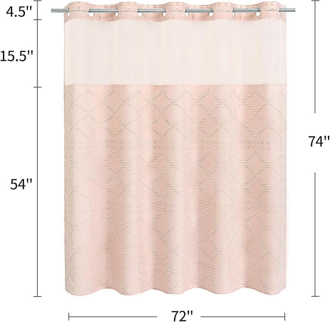 No Hooks Boho Light Pink Woven Fabric Shower Curtain 72 x 74 Modern Farmhouse, Tufted Chevron Striped Shabby Chic Textured, Minimalist Hookless Shower Curtains for Bathroom, Hotel Decor