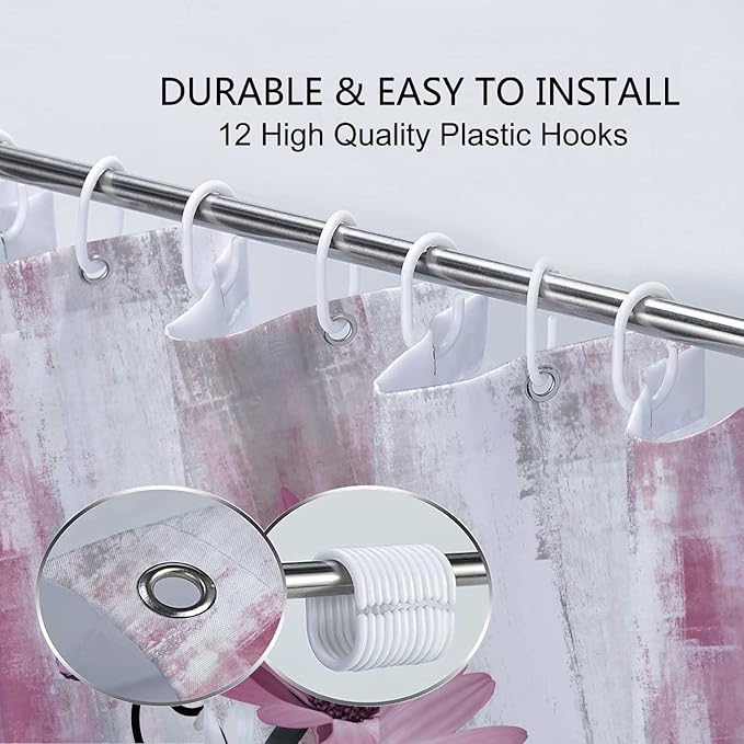 Rustic Farmhouse Shower Curtain, Farm Pink Daisy Floral Flowers and Butterfly on Country Wooden Shower Curtain for Bathroom, Pink Grey Bathroom Shower Curtains with 12PCS Hooks, 70X75IN