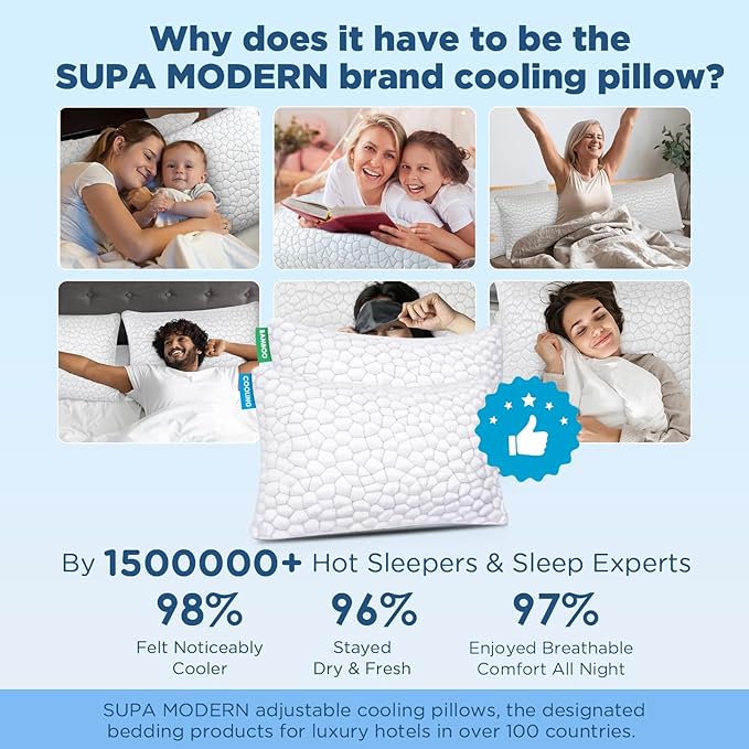 SUPA MODERN Cooling Bed Pillows for Sleeping 1 Pack Shredded Memory Foam Pillows Adjustable Cool Pillow for Side Back Stomach Sleepers Luxury Gel Pillows King Size with Washable Removable Cover