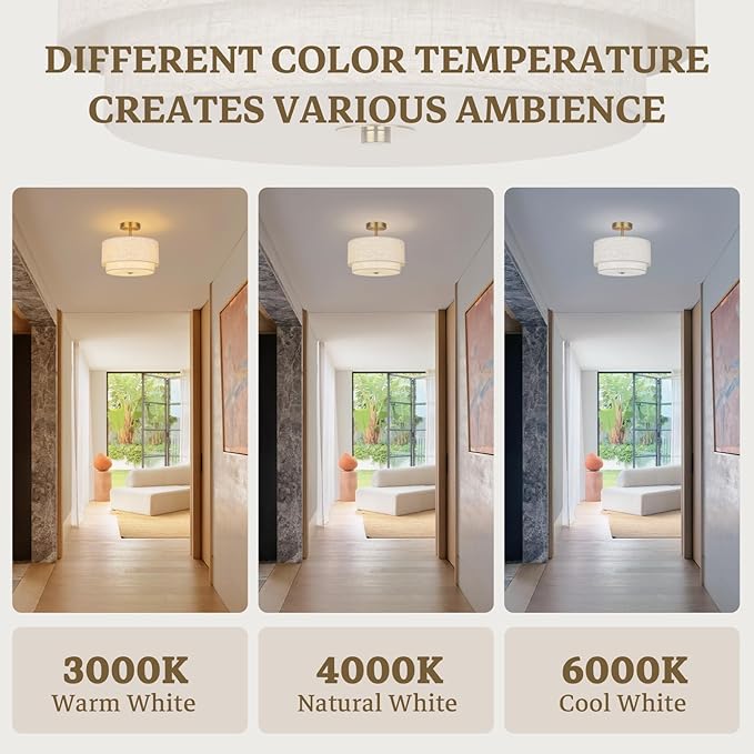 Semi Flush Mount Ceiling Light Fixture,12.6'' Gold Light Fixtures Ceiling Mount, Modern Close to Ceiling Light with 2-Layer Linen Shade,Farmhouse Drum Ceiling Light for Bedroom Hallway Living Room