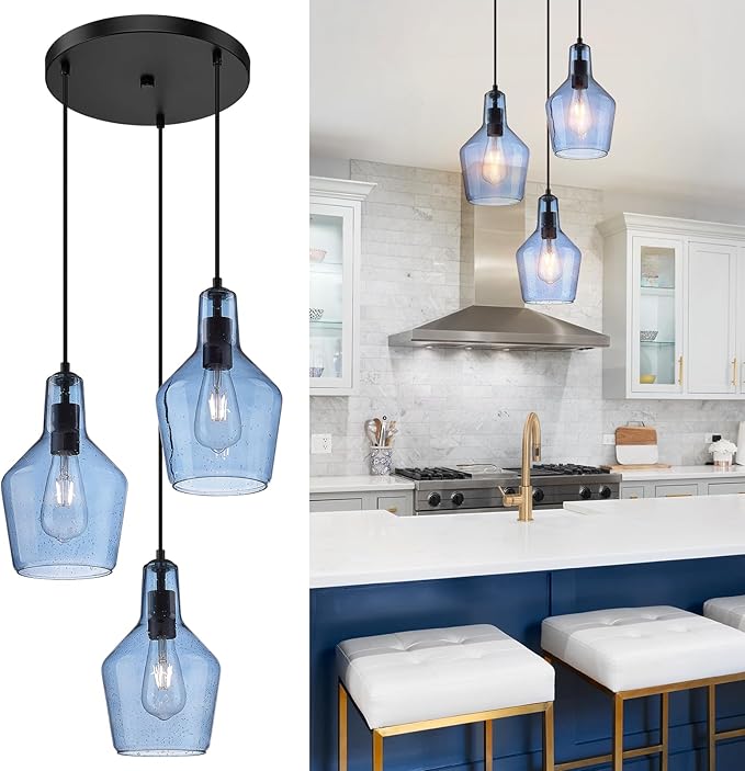 Emliviar 3-Light Cluster Pendant Light, Blue Hanging Pendant Lights with Seeded Glass for Kitchen Hallway Dining Room, DYE286G1-3 BK