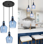 Emliviar 3-Light Cluster Pendant Light, Blue Hanging Pendant Lights with Seeded Glass for Kitchen Hallway Dining Room, DYE286G1-3 BK