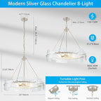 XINGQI Large 8-Light Modern Silver Glass Chandelier 26" Drum Light Fixture Round Water Ripple Pendant Lighting for Dining Room Living Room Kitchen Island Office