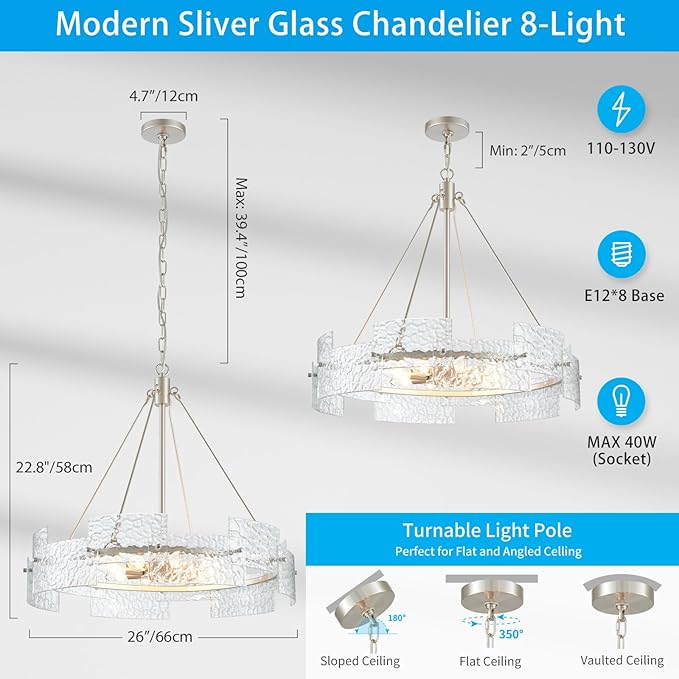 XINGQI Large 8-Light Modern Silver Glass Chandelier 26" Drum Light Fixture Round Water Ripple Pendant Lighting for Dining Room Living Room Kitchen Island Office