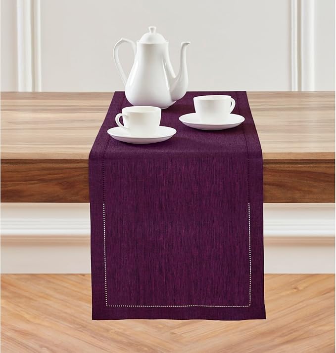 Solino Home Linen Table Runner 90 Inches Long - Milan Hemstitch 100% Pure Linen Grape Dining Table Runner 14 x 90 Inch for Fall, Autumn, Halloween, Thanksgiving, Christmas