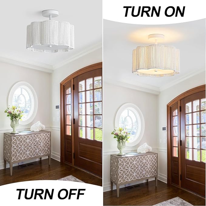 3-Light Woven Snow Plum Blossom Ceiling Light - Boho Handwoven Rattan Bedroom Fixture, 13-14 Inch Natural Fiber Flush Mount for Nursery