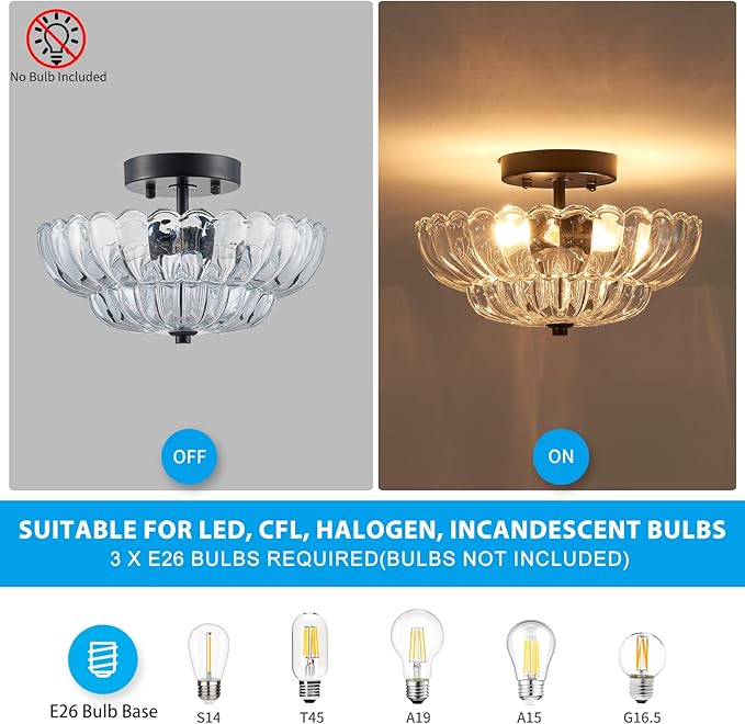 XINGQI Semi Flush Mount Ceiling Light Fixture Modern Black 3-Light Scalloped Glass Close to Ceiling Lighting for Living Room Entryway Bedroom Closet Hallway (Bulb Not Included)
