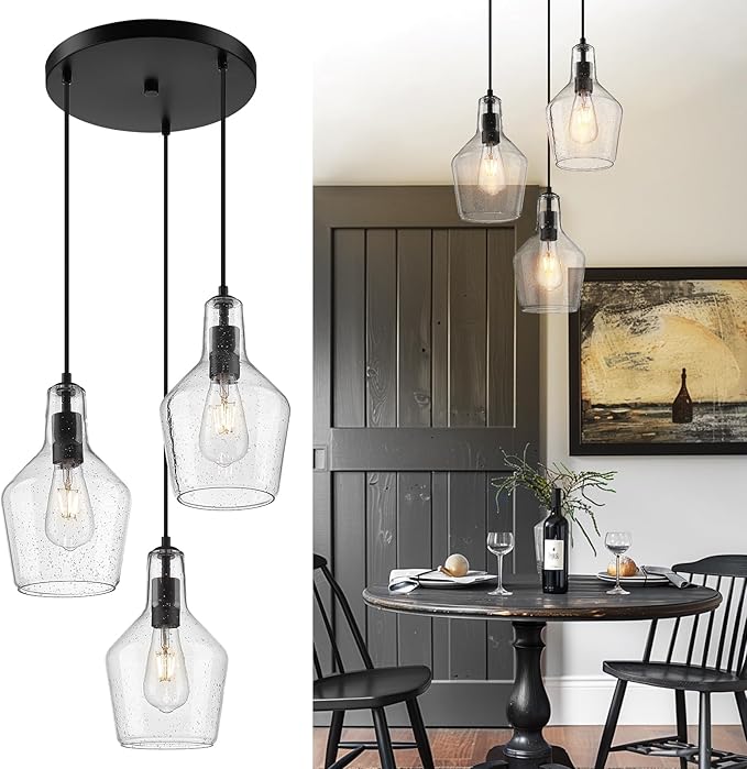 Emliviar 3-Light Chandelier Hanging Light Fixture, Modern Cluster Pendant Lighting for Kitchen Island with Clear Seeded Glass, Black Finish, DYE286G2-3 BK