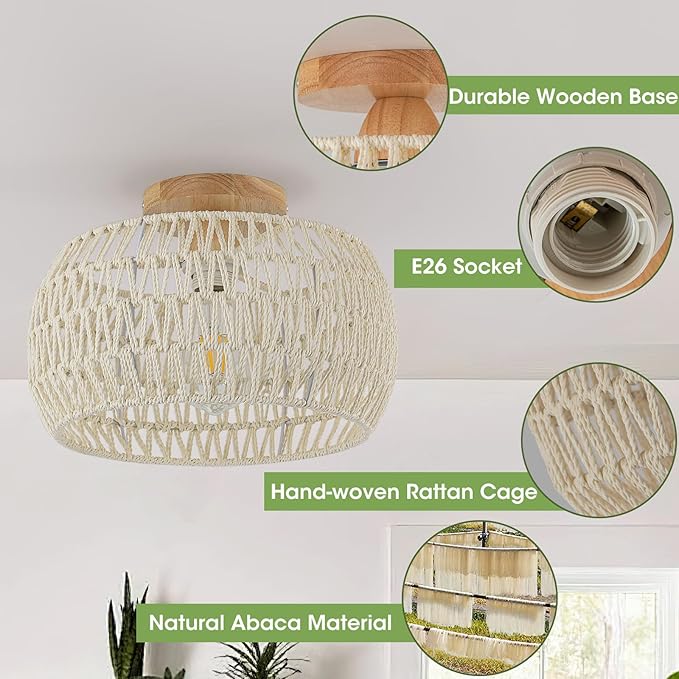 Boho Ceiling Light Fixtures Cream White Rattan Chandelier Light Small Rattan Flush Mount Ceiling Light Hand-Woven Chandelier for Nursery Light Fixture Kitchen Farmhouse Bedroom Chandeliers