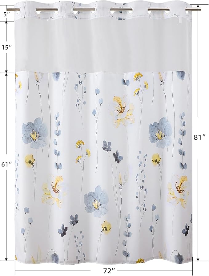QiyI Flower Shower Curtain with Snap in Liner, Blue and Yellow Watercolor Floral Cloth Bath Curtains, No Hook Shower Curtains with Mesh Top Window, Fabric Waterproof Bathroom Curtain Set, 72 x 81 Inch