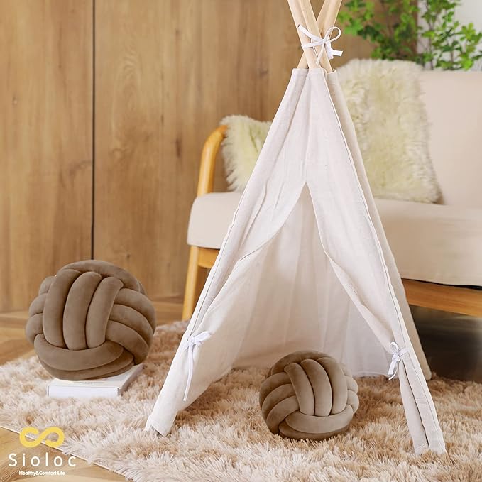 Sioloc Soft Knot Ball Pillows,Round Throw Pillow Cushion Home Decoration Plush Pillow,Throw Knotted Pillow Handmade Round Plush Pillow（13.7inches,Brown）