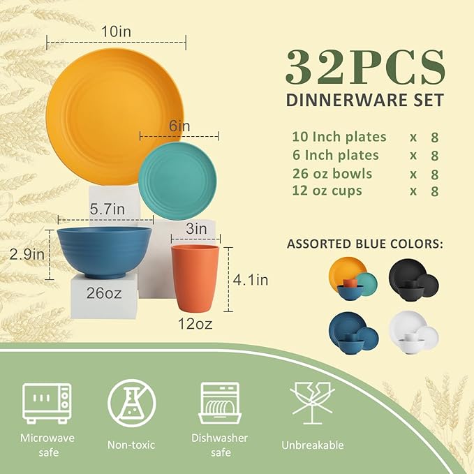 Wrova Wheat Straw Dinnerware Set of 32, Unbreakable Dinner Plates and Bowls Dishes Sets Service for 8,Dishwasher Safe Dinnerware Sets for Kitchen and Camping.Vibrant Series
