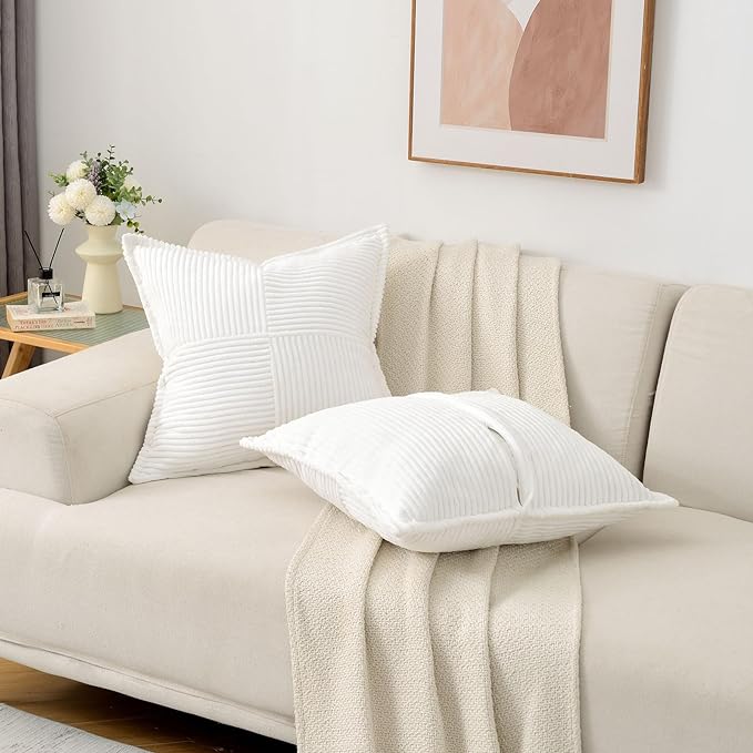 HAUSSY Pure White Throw Pillow Covers 16x16 Inch Set of 2,Soft Solid Corduroy Striped/Wide Bordered,Square Decorative Cushion Case,Winter Home Decorations for Couch,Bed