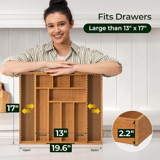 Carbonized Bamboo Kitchen Drawer Organizer, 10 Slots Expandable Silverware Organizer, Utensil Holder & Cutlery Tray, 2.2" Deep for Extra Capacity, Non-Slip Feet Included
