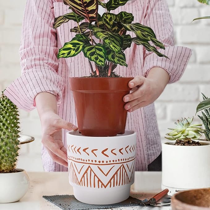 Geometric Ceramic Planters, 6 Inch Hand-Painted Ceramic Embossed Plant Pots with Drainage Holes, 2 Set Boho Minimalistic Planters for Indoor and Outdoor Plants(Beige & Brown)