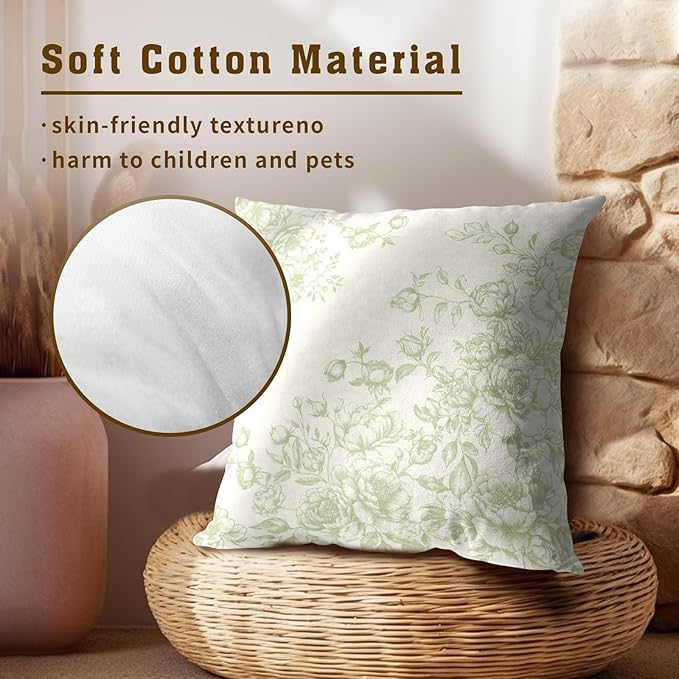 French Country Floral Pillow Covers 16x16, 2Pcs Set Green White Flowers Leaves Botanical Decorative Pillow Cases Soft Cotton Square Cushion Cover for Bed Sofa Farmhouse Home Decor