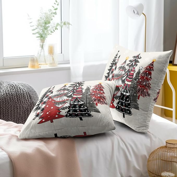 Christmas Trees Throw Pillow Covers 20x20 Set of 2,Red Black Buffalo Plaid Xmas Tree Decorative Pillow Cases Cushion Cover for Farmhouse Bed Couch Living Room Outdoor Car