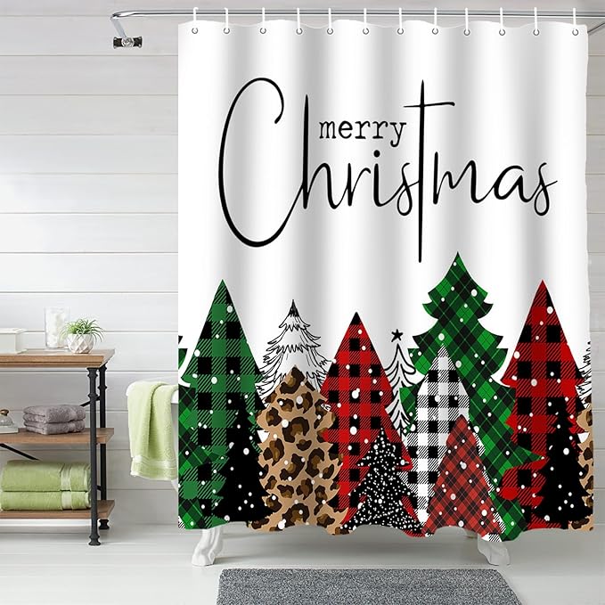 Merry Christmas Shower Curtain, Buffalo Plaid Xmas Tree Winter Forest Farmhouse Shower Curtains Set with Hooks, Red Green Waterproof Fabric Bathroom Curtains Decor Home Accessories,72 X 78 Inch Long
