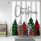 Merry Christmas Shower Curtain, Buffalo Plaid Xmas Tree Winter Forest Farmhouse Shower Curtains Set with Hooks, Red Green Waterproof Fabric Bathroom Curtains Decor Home Accessories,72 X 72 Inch Long