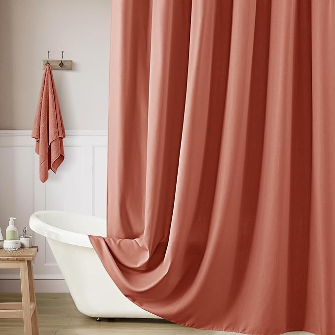 Linen Shower Curtain with 10 Hooks Modern Heavy Duty Washable Fabric Curtain Set Waterproof Thick Cloth Shower Curtains for Bathroom Bathtub Washable, W60*L70, Terracotta