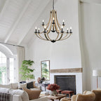 Farmhouse Chandeliers for Dining Room Light Fixture, 2 Tier 12-Light 41" Adjustable Height Retro Faux Wood Texture Rustic Light Fixtures for Living Room Bedroom Kitchen Island Foyer Entryway