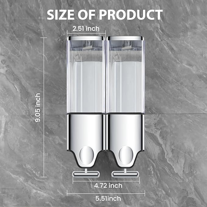 2-in-1 Quadrate Dispensers for The Shower,Shower soap Dispenser,Conditioner Dispenser, Shampoo Dispenser,No Drilled Wall Mounted Distributor,Hotel,Bathroom,Home (Double, Colorless)
