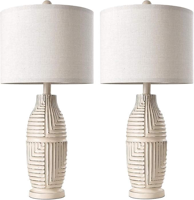 BOBOMOMO 25" Farmhouse Table Lamp Set of 2 Vintage Rustic Lamps for Living Room, Resin Bedside Nightstand Lamps with Linen Lampshades, Retro Lamp for Living Room, Bedroom, Dining Room, Home Decor