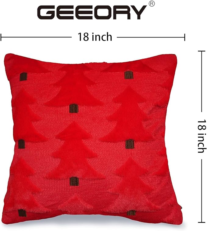GEEORY Christmas Pillow Covers 18x18 Inch Set of 2, Christmas Decorations Xmas Tree Soft Plush Fluffy Faux Fur Decorative Throw Pillows Rustic Winter Decor Cushion Case Red Brown GC035-18