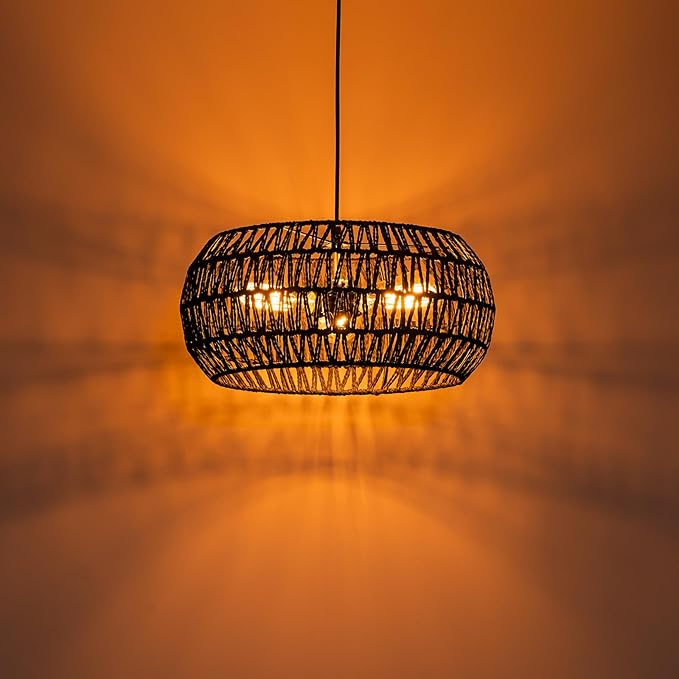Black Boho Hanging Light Fixture Rattan Chandeliers Drum Pendant Lights for Dinning Room Wicker Chandelier Ceiling Hanging Light Basket Woven Chandelier for Bedroom Hallway Entrance Kitchen Island