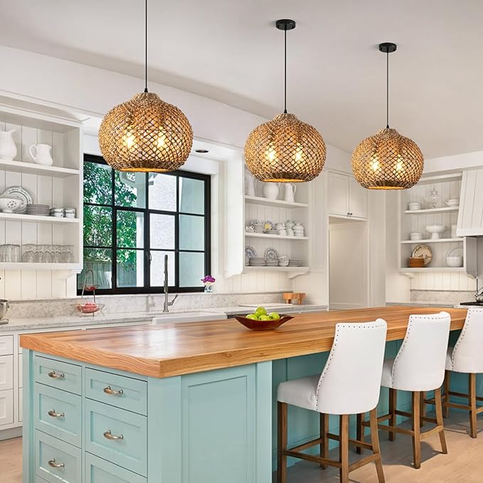 13.79" Rattan Pendant Light Fixture,Farmhouse 2-Light Kitchen Island Ceiling Hanging Lighting Wicker Hand Woven Chandelier,for Bedroom, Dining Room, Entryway, Foyer