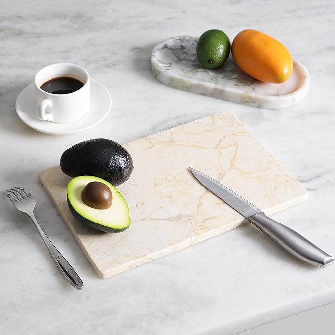 Natural Marble Cutting Boards for Kitchen - 12" x 8" Multi-Purpose Pastry Marble Tray Cheese Board Marble Slab for Counter, Bathroom Perfume Tray Jewelry Candle Plate (Yellow)