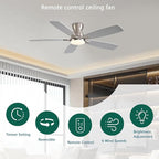 52inch Flush Mount Ceiling Fans with Lights and Remote Control/APP Control, DC Reversible Motor, Noiseless, Dimmable, Low Profile Nickel Ceiling Fan for Bedroom Indoor/Outdoor Use