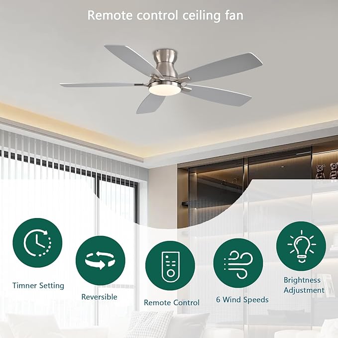 52inch Flush Mount Ceiling Fans with Lights and Remote Control/APP Control, DC Reversible Motor, Noiseless, Dimmable, Low Profile Nickel Ceiling Fan for Bedroom Indoor/Outdoor Use