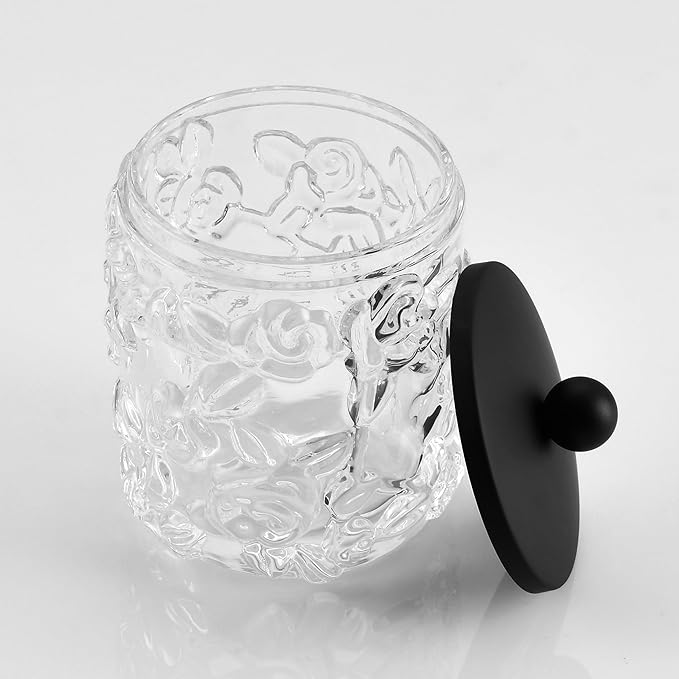 Home Glass Cotton Jar Holder Matte Black Lid, Elegant Bathroom Storage Canister for Qtips, Cotton Balls, Floss, Makeup Organizer, Vanity Bathroom Organization (UPDATED BLACK)
