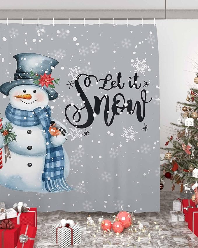 Vandarllin Snowman Christmas Shower Curtain, Let It Snow Winter Holiday Shower Curtains Set with Hooks, Grey White Waterproof Fabric Bathroom Curtains Decor Home Accessories,72X 96 Inch Extra Long