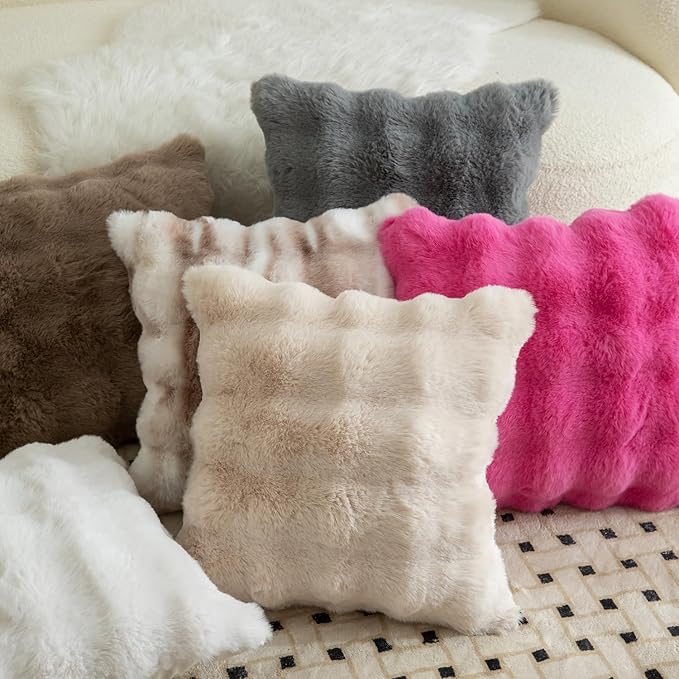MANDIOO Pack of 2 Thick Plush Wool Decorative Throw Pillow Covers Super Soft Wave Bubble Fur Velvet Cushion Covers Pillow Shams for Couch Bed Living Room 24x24 Inch Hot Pink