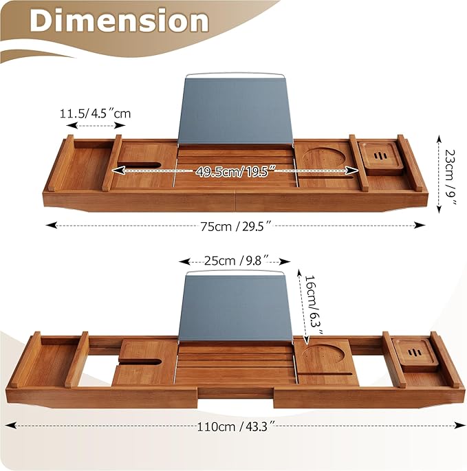 Teak Bathtub Tray, Wooden Bath Tub Tray Expandable Teak Bath Caddy with Book and Wine Glass Holder