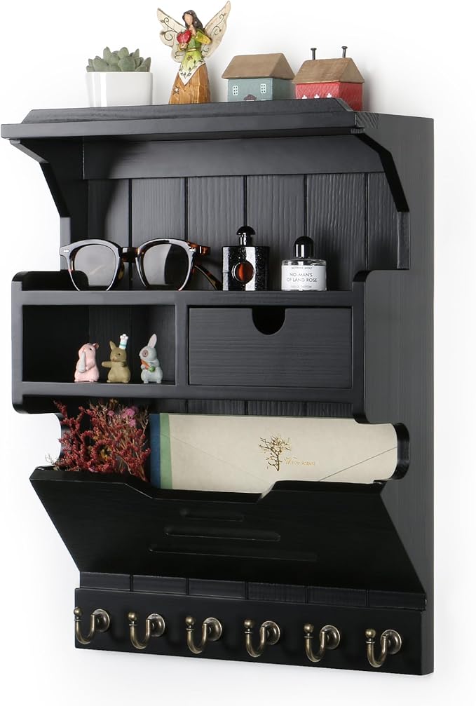 Wall Mail Organizer with Storage Drawer and 6 Hooks, Easy Install Key Rack for Entryway and Home Decor, Luxury Black