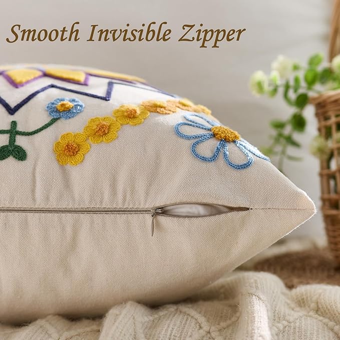 Embroidered Throw Pillow Cover 18x18 Classic Boho Floral Pattern Pillows Cover Outdoor Decorative Pillowcase,Durable Cozy Textured Cushion Case for Sofa Couch Bed Living Room,Yellow