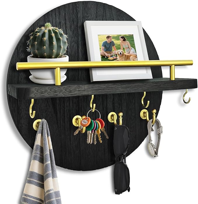 Key Holder Wall Mount with Shelf and Hooks, 11.8 Inch Entryway Gold Key Rack Hanger, Rustic Key Holder for Wall Decor