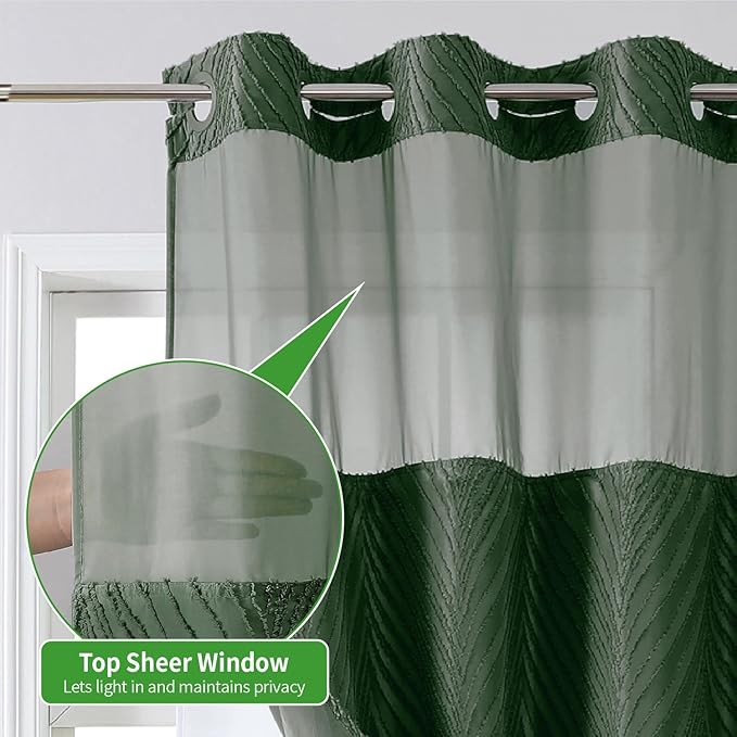 No Hook Shower Curtain and Liner Set,No Hook Tufted Striped Textured Shower Curtain with Snap in Liner Replacement and Waterproof Fabric,Boho Style with See Through Top Window,DarkGreen,71Wx77H