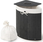 Giantex Corner Laundry Hamper with Lid, 58 L Bamboo Laundry Basket with Removable Liner & Handle, Triangle Clothes Hamper for Small Spaces, Bedroom, Bathroom, Laundry & Living Room (Black)